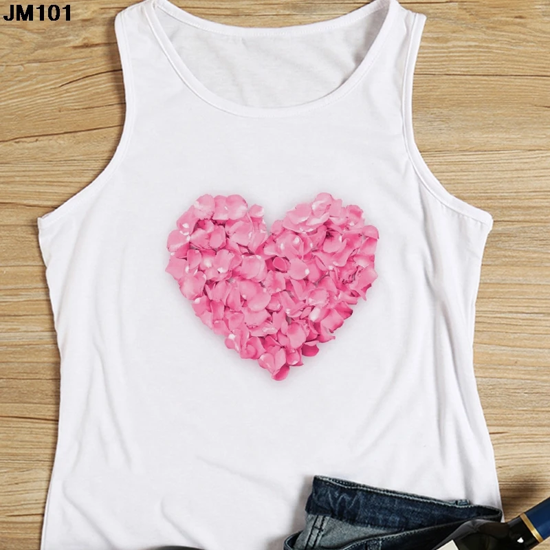 Heart Flower Printed Ladies Camisole Harajuku Casual White Vest Summer Women\'s Love Graphic Tank Tops Fashion Sleeveless T-shirt