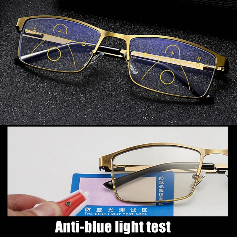 Progressive MultiFocal Reading Glasses Anti-blue Light Men Women Metal Full Frame Square Presbyopia Glasses Gold High Quality