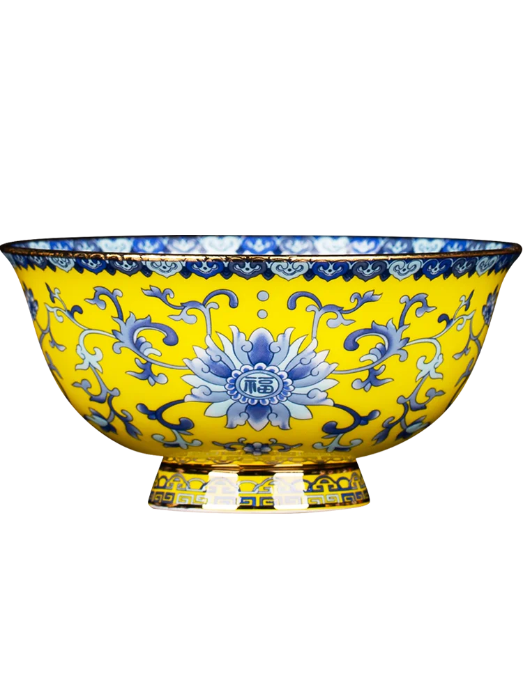 Jingdezhen Ceramic Bowl High Grade Gold Bone China Enamel High Foot Bowl Anti Hot Hand Tangled Lotus Pattern Bowl