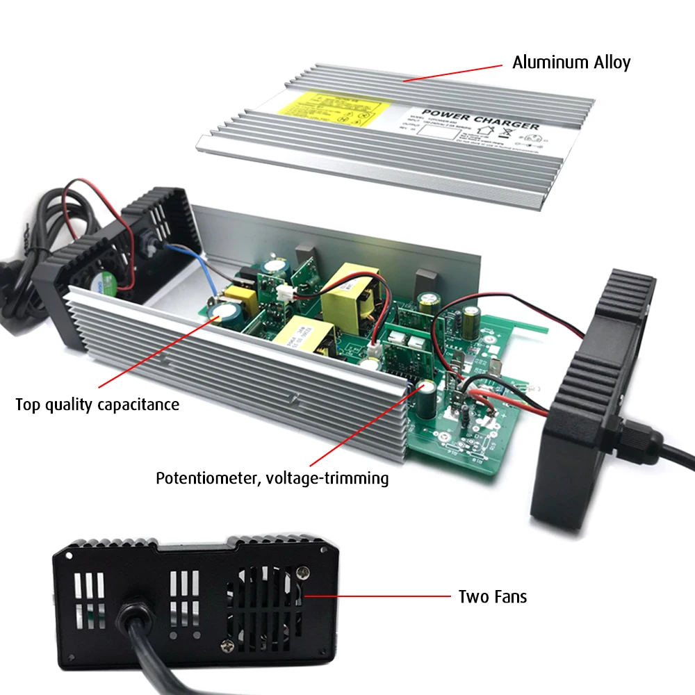 58.4V 8A Lifepo4 battery charger for 16S 48V (51.2V 52V) lifepo4 battery pack intelligent fast charging aluminum case with fans