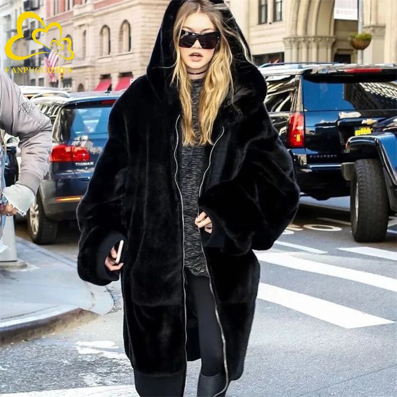 Thickened Faux Mink Coat Women Winter Clothes New Jacket Version Loose Imitation Rabbit Fur Plush Hooded Fur Coat