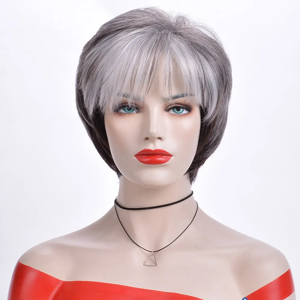 OUCEY Synthetic Wig Woman Short Wigs for Women Pixie Cut Natural Wigs Women Straight Hair Ombre Color Blonde Wig With Bangs