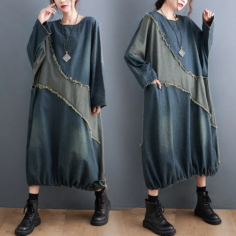 Damska sukienka koszulowa z denimu w stylu vintage, luźny krój, długa tunika, surowe wykończenie, kontrastowe szwy, codzienna sukienka na wiosnę i jesień, dżinsowa szata M834