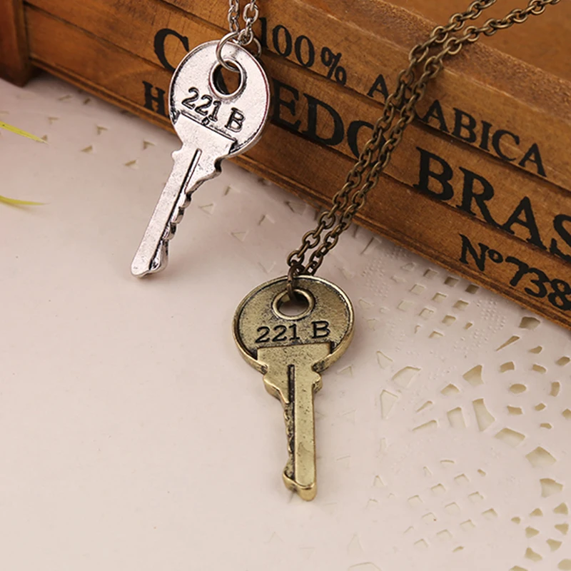 Sherlock 221b House Key Necklace Vintage Color Key Shape Pendant Necklaces For Women Men Fans Jewelry Cosplay Gifts Accessories