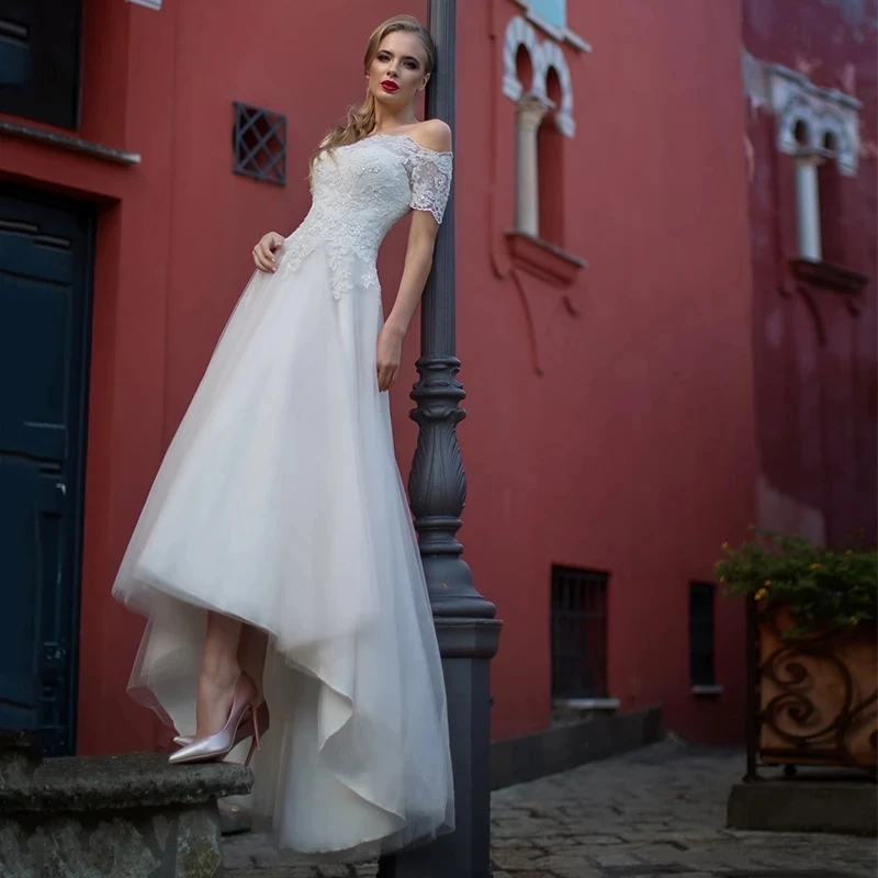 

High Low Lace Beading Beach Wedding Dress Front short Long Back Tulle Bridal Gowns Custom Made vestido de casamento