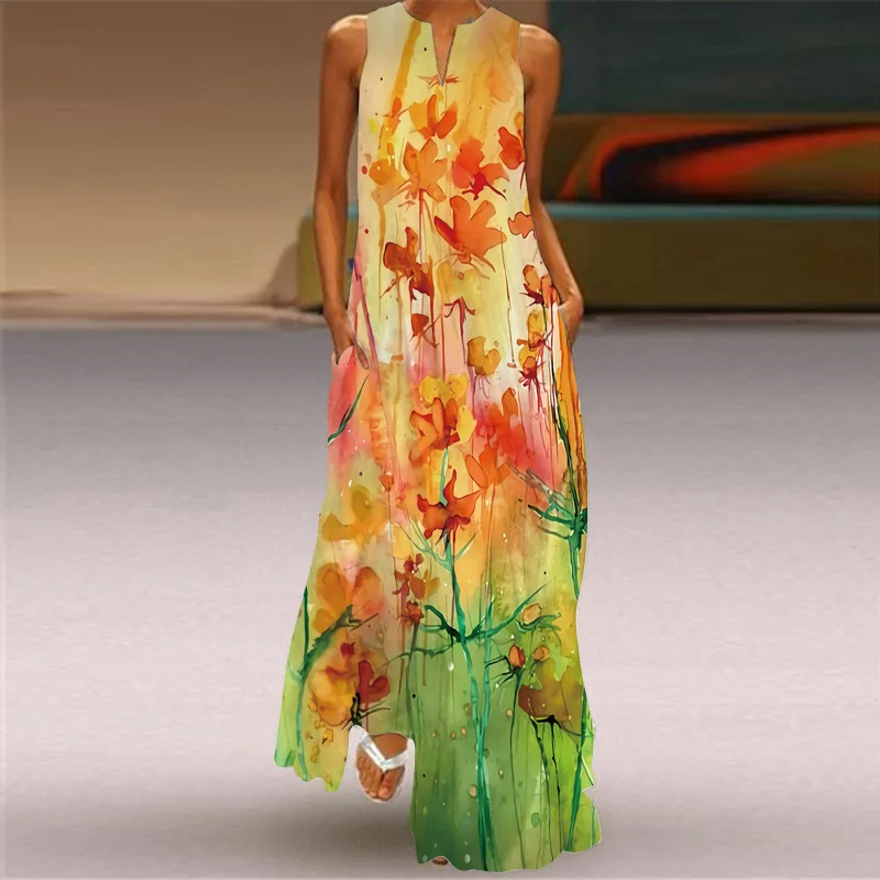 Retro Print Women Sundress 2023 Summer Fashion Sexy V-neck Sleeveless Long Dress with Pocket Dresses 5XL Female Vestidos