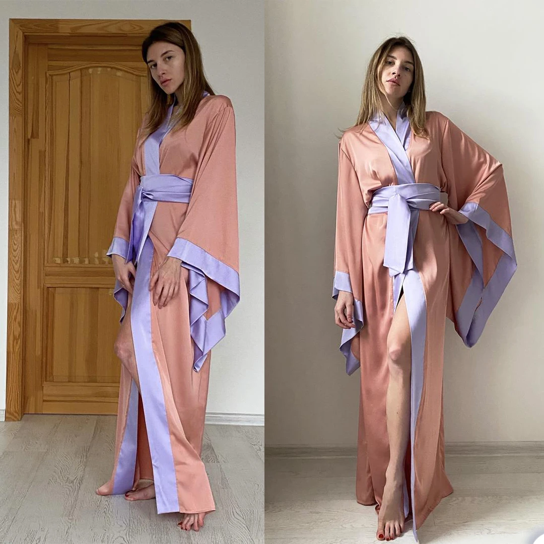 

One Piece Women Sleepwear Contrast Color Bride Robes Kimono Robe Satin Night Gown with Sash Sleepwear