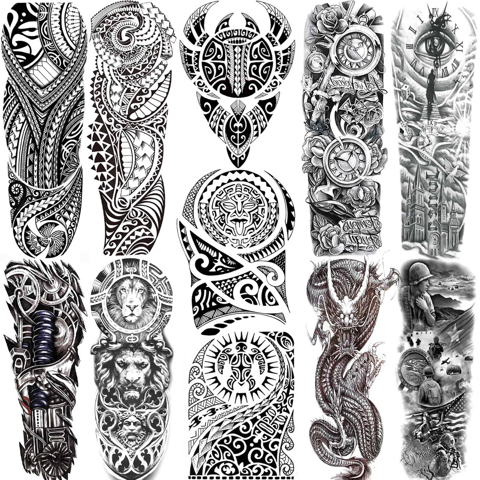 Faux tatouages temporaires noirs maoris pour hommes et femmes, dessin d'art corporel, manche complète du bras, 3D, loup, dragon, tatouages militaires pour le spectacle