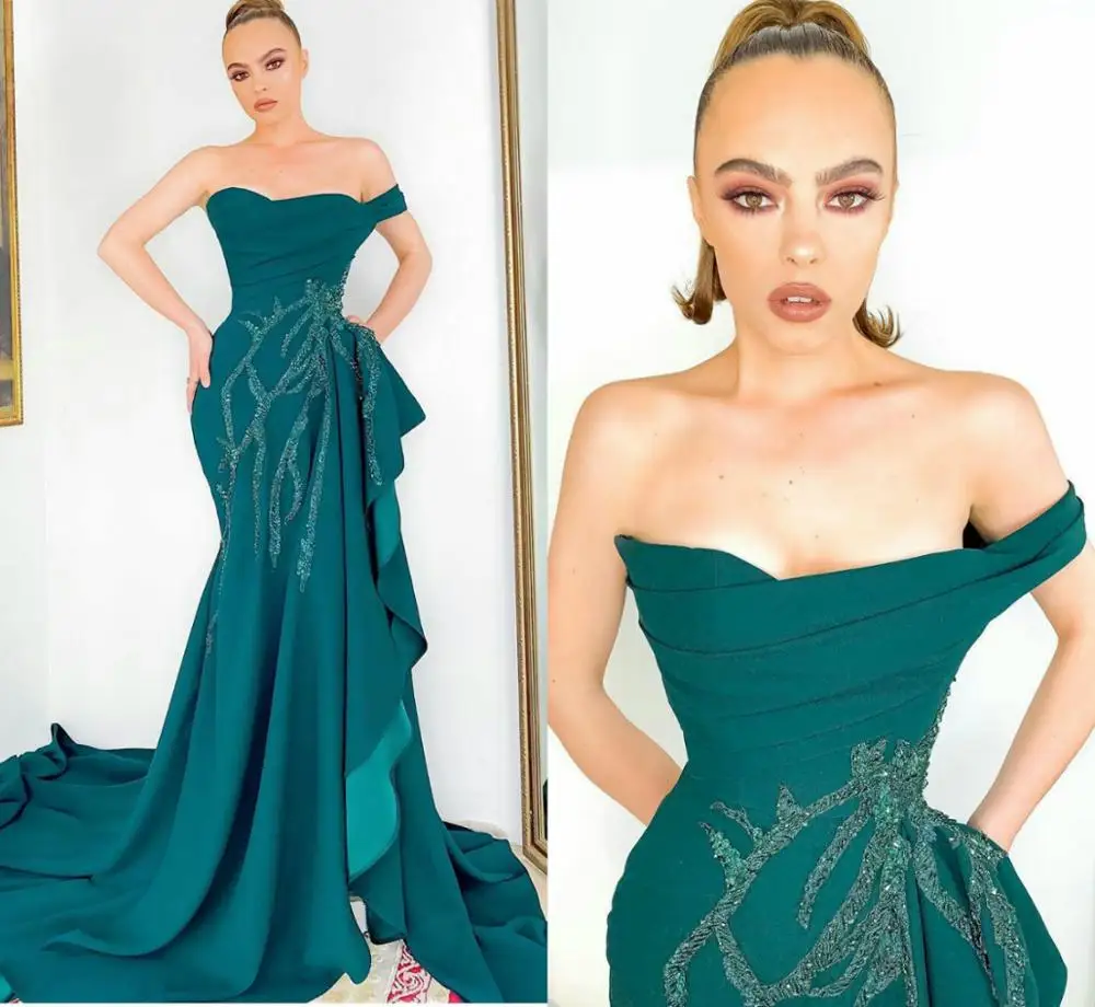 Green Mermaid Evening Gowns One Shoulder Appliques Ruffles Side Split Prom Dress Sweep Train Red Carpet Party Dress