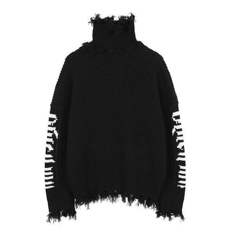 Knitted Turtleneck Plus Velve Sweater 2022 Winter Punk Rock Unisex Vintage Oversize Couple Ripped Pullovers Sweaters Tops