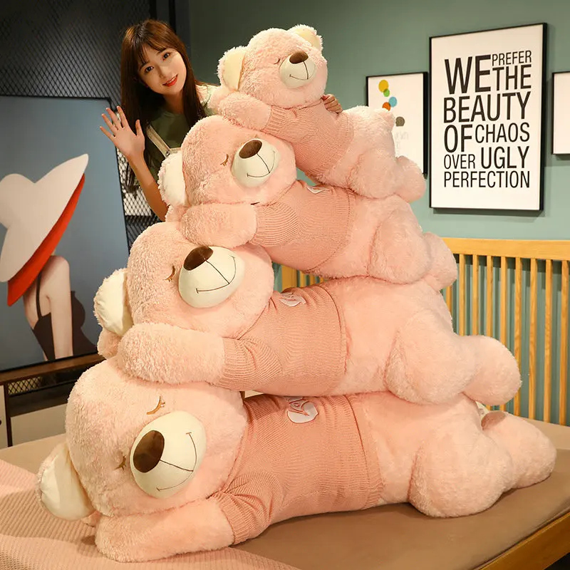 80/100CM New Giant Size Lying Plush Toys Soft Sweater Bear Plush Pillow Stuffed Animal Dolls  Xmas Gift