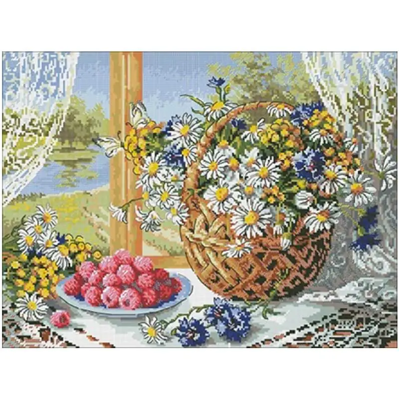 Daisy flower basket with raspberries Counted Cross Stitch 11CT 14CT 18CT DIY Cross Stitch Kits Embroidery Needlework Sets