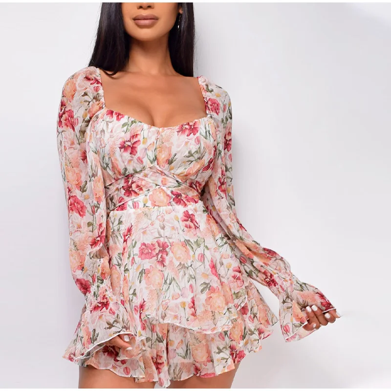 CHRONSTYLE Summer Women Jumpsuits Long Sleeve Lace Up Ruffles Floral Print Rompers Female Playsuits 2021 Square Collar Outfits