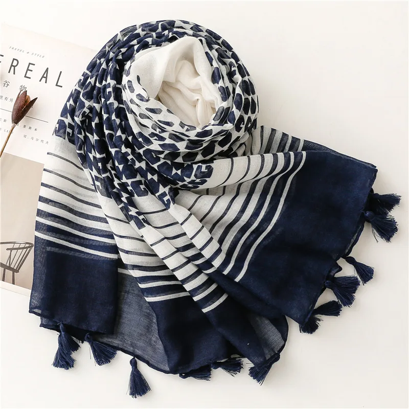 2022 Spring Autumn Fashion Luxury Brand Navy Blue Dot Viscose Shawl Scarf Women High Quality Print Hijabs and Wraps Muslim Sjaal