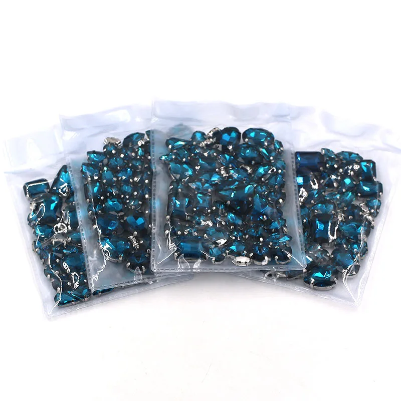 Sell at a loss! 50pcs/bag high quality mixed shape peacock blue glass crystal sew on claw rhinestonesdiy clothing accessories