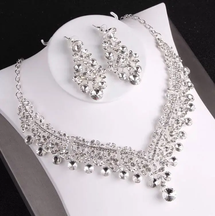 KMVEXO Luxury Heart Crystal Bridal Jewelry Sets Wedding Rhinestone Crown Tiara Earrings Choker Necklace African Bead Jewelry Set