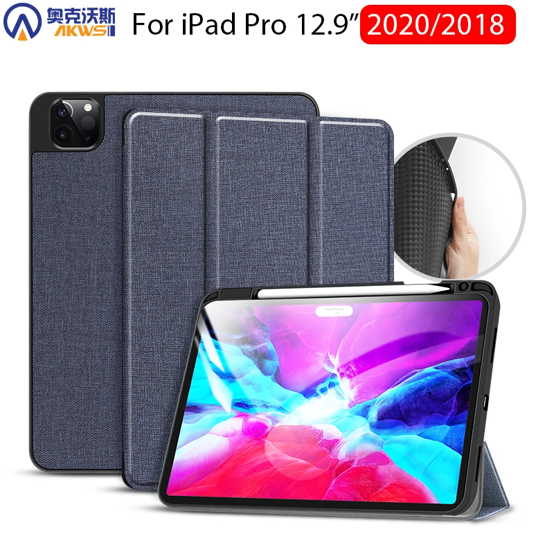 For ipad Pro 12.9 2020 Case with Pencil holder Soft TPU Auto Sleep Cover Support Wireless Charge PU Protective Capa