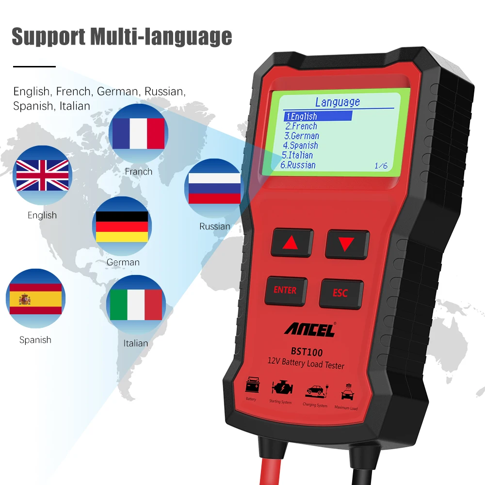 ANCEL BST100 Car Battery Tester 12V 220Ah 2000CCA Multilingual Battery Test Tool for the Car Cranking Charging Test PK BM550