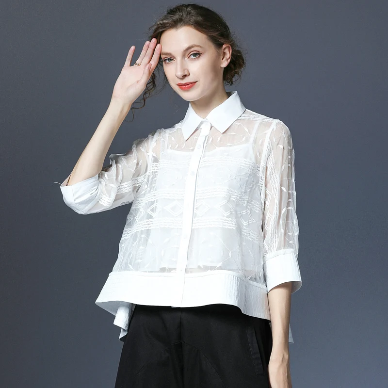 2020 Vrouwen Shirt Lente Zomer Witte Blouse Vrouwen Geborduurde Koreaanse Womens Shirts Zwarte Kleren Blusas Mujer C-7586 KJ4838