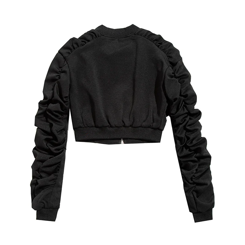 

Multi-pockets Designer Biker Jacket Women Casual Pleated Stand Collar Bomber Short Coat Female Street Black Boyfriend Outerwear