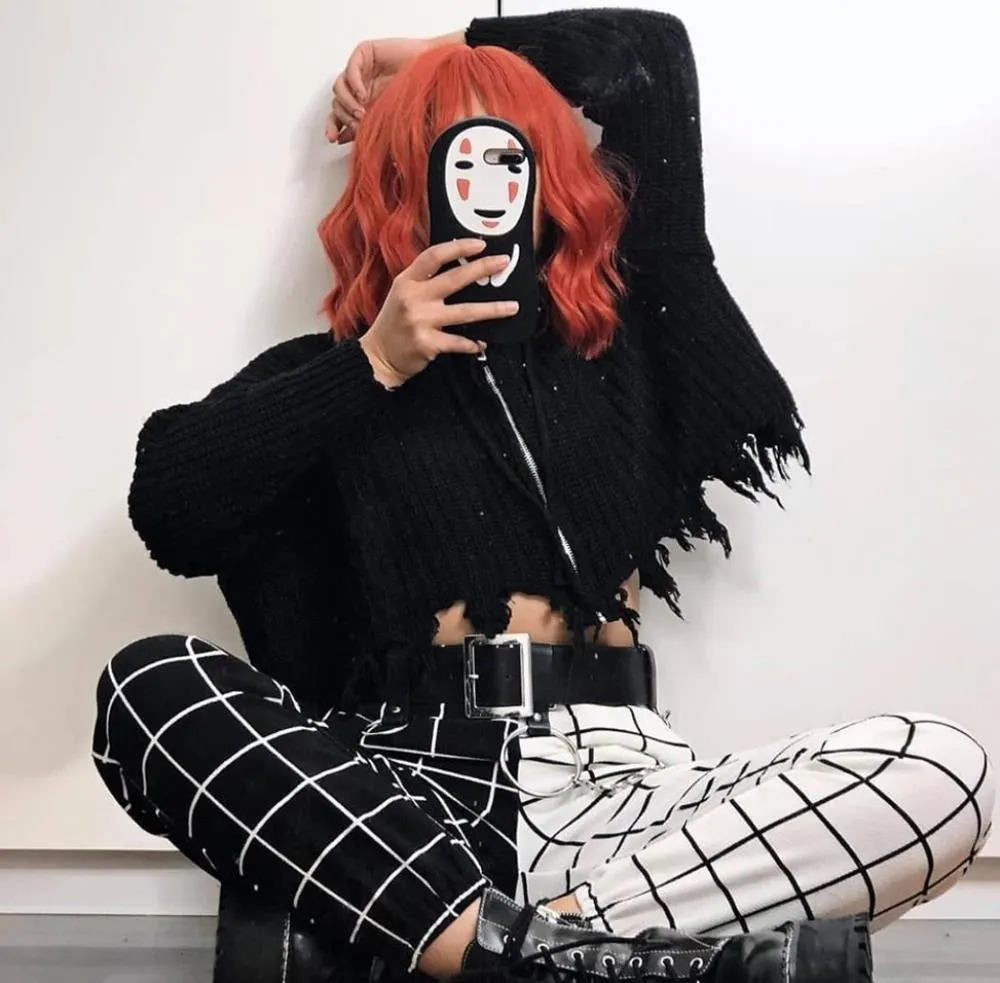 Hight Waist Straight Loose Long Trousers Streetwear Cool Girls Black and White Checkerboard Patchwork Trousers Cargo Pants