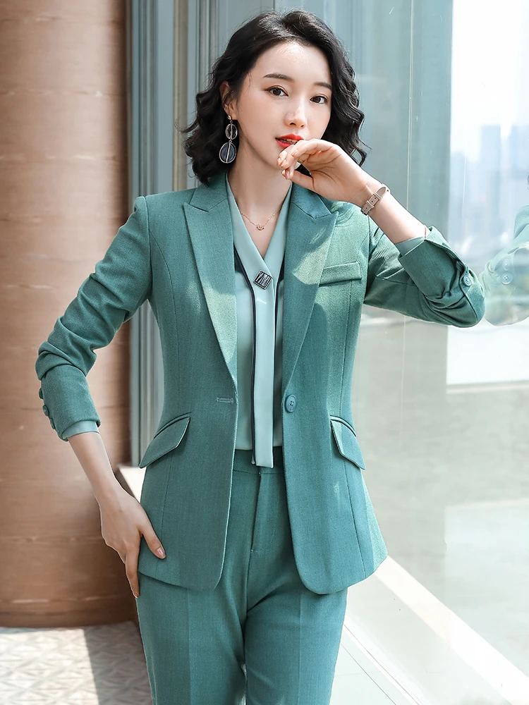 

Long Sleeve Formal Women Business Suits Elegant Green OL Styles Office Work Wear Blazers Set Autumn Winter Pantsuits Clothes