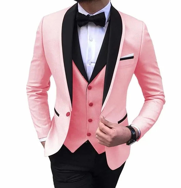 Traje de boda para hombre, traje de color rosa, esmoquin ajustado, Blazer para graduación, tres piezas (chaqueta, chaleco y pantalones)