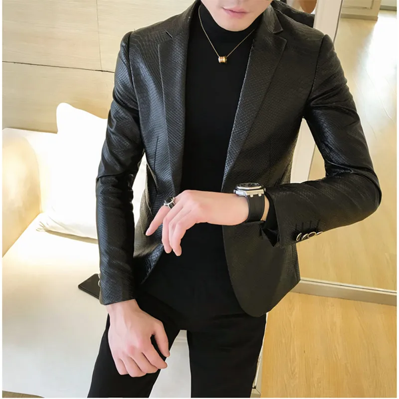 Slim Fit Blazers Jackets For Men PU Leather Suit Coats Men Leather Jackets Male Business Casual Suit Coats Man Blazers Size 4XL