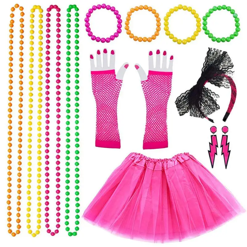 

Women 80s Fancy Dress Accessories Retro Party Costume Set Adult Skirt Fishnet Gloves Beaded Necklace Bracelet Earrings