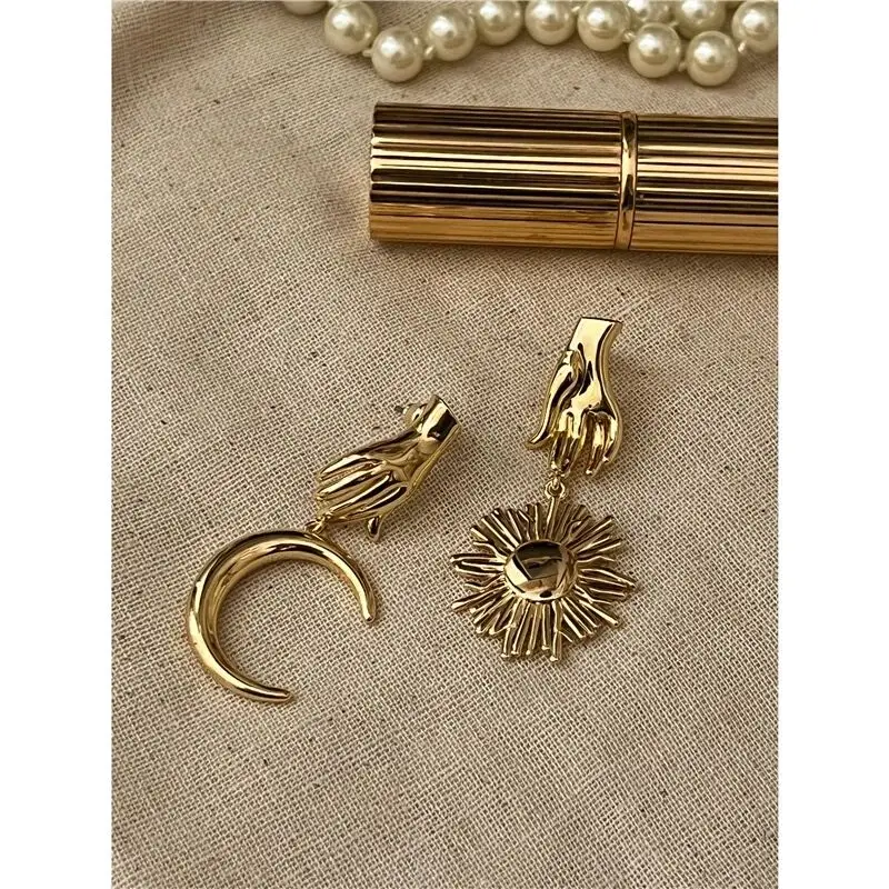 Gold Hand Earrings Sun and Moon Dangle Drop Earring for Women Asymmetric Statement Jewelry