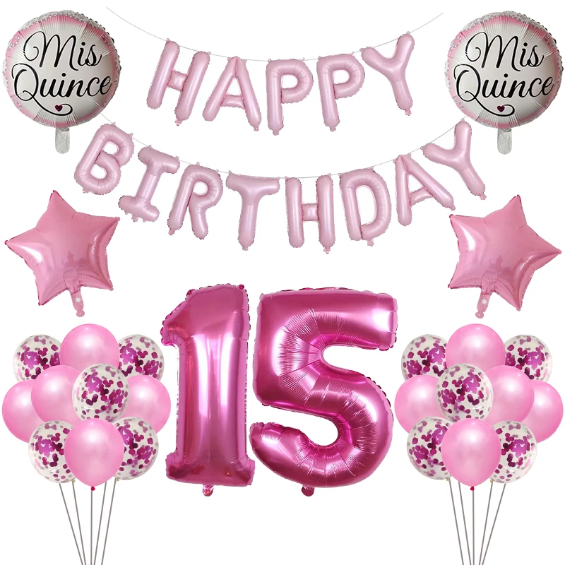 1set Mis Quince My Fifteen 15th Years Old Birthday Party Balloons Number 15 Baloon Spanish Girl Pink Happy Birthday Photo Props