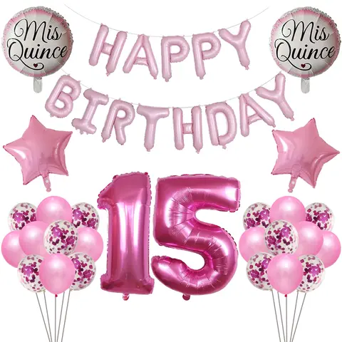 1 세트 Mis Quince 내 15 세 15 세 생일 파티 풍선 번호 15 Baloon 스페인어 소녀 핑크 생일 축하 사진 소품
