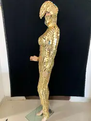 Sexy Sparkly Silver gold Sequins Women Jumpsuit Gloves Nightclub Dance Wear Full Mirror  Celebrate Outfit Performance Clothing