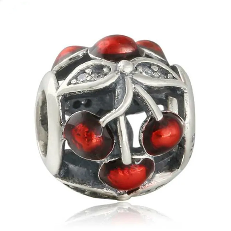 

Fits Pandora Bracelet Diy Red Enamel Sweet Cherries Charms 925-Sterling-Silver CZ Flower Beads For Jewelry Making Summer