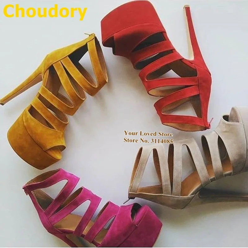 Choudory-Sandalias de plataforma de cuero mate para mujer, zapatos de tacón alto con tiras, zapatos de gladiador con punta abierta hueca, talla 47