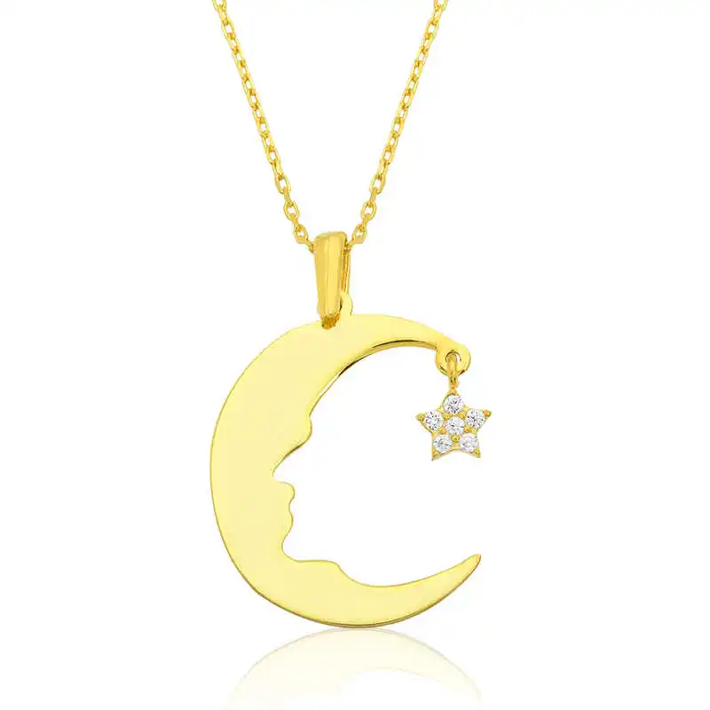 Silver Moon Star Ataturk Skyline Lady Necklace Stone 925 Sterling Women Fine Jewelry Wedding Party Birthday Gift - Box - Pendant - Chain Choker - Female - Ladies - Fashion