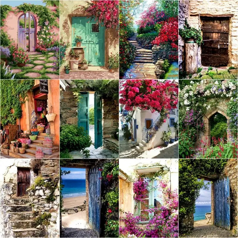 

GATYZTORY 60x75cm Frame Flower Door Picture By Numbers Kits For Adults Handmade Unique Gift Acrylic Oil Painting Color Linen Can