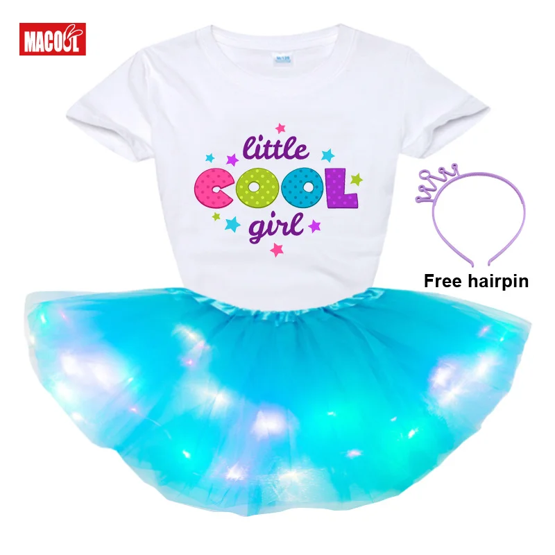 

Birthday Custom Luminous Skirt Suit 2021 Summer Kids Girls Custom Printing T-shirt +Glow Sequins Skirts Dress Outfit Clothes Set