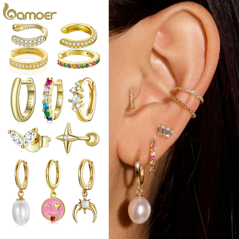 Bamoer 1PCS 925 Sterling Silver Gold-Plated Earrings Exquisite Ear Clip for Women Colorful Zircon Trends Fashion Jewelry