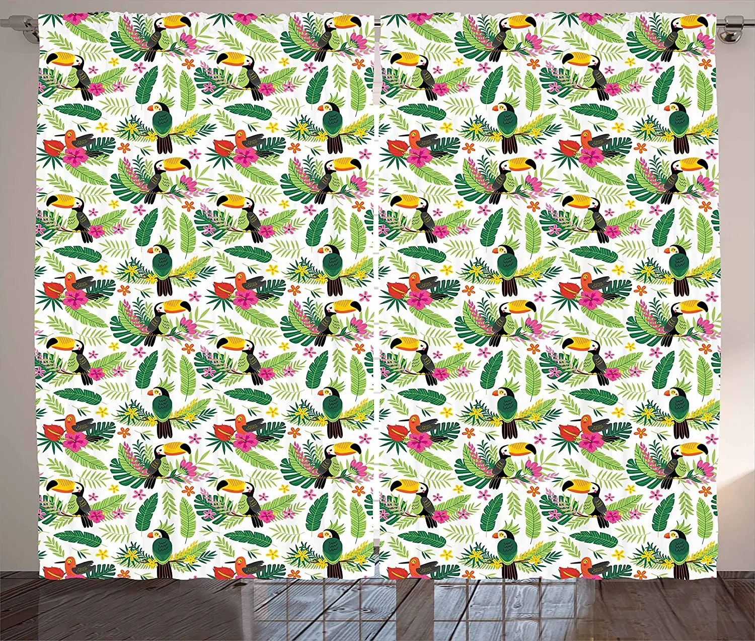 Parrot Blackout Curtains Tropical Island Jungle with Flora and Fauna Birds Toucan with Green Leaves Flowers Window Curtain