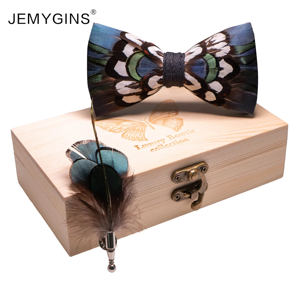 

JEMYGINS blue Green Birds Feather Bow Tie Natural Hand Made Bowtie Brooch Wood Gift Box Set For Men Business Party Wedding