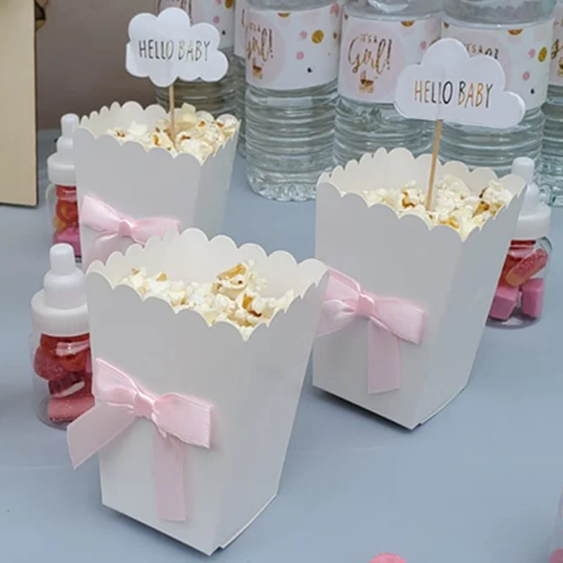 6pcs 흰색 팝콘 상자 영화 밤 컨테이너 소년 소녀 성별 공개 파티 베이비 샤워 장식 웨딩 생일 용품