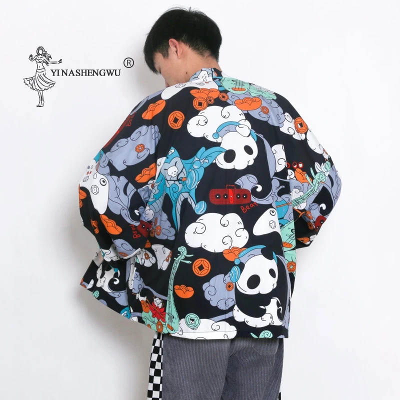 Japanese Style Traditional Clothing Men Oriental Streetwear Fashion Jacket Samurai Haori Panda Pattern Sun Protective Kimono Top