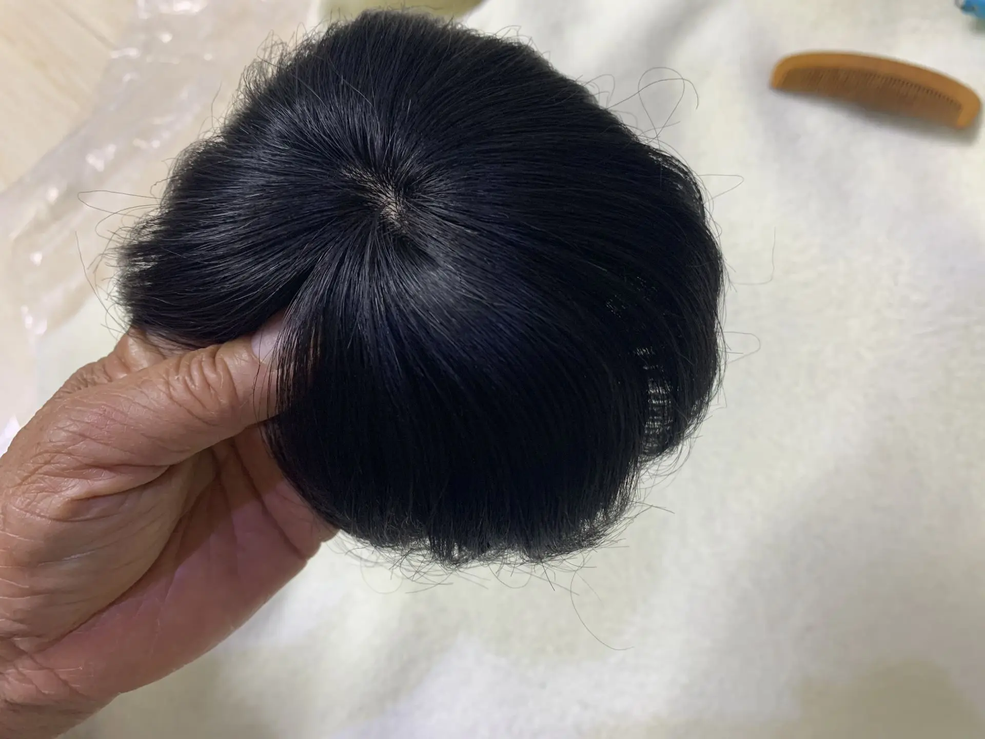 Parte superior de seda y base de trama, cabello humano Remy brasileño liso negro, Base de máquina de Topper, Clips de peluquín, extensión de cabello