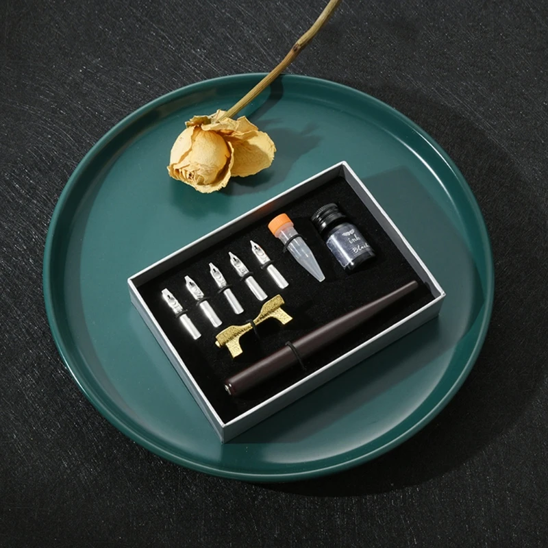 Wooden Calligraphy Dip Pen + 5 Nibs Ink Kit Gift Box  Set