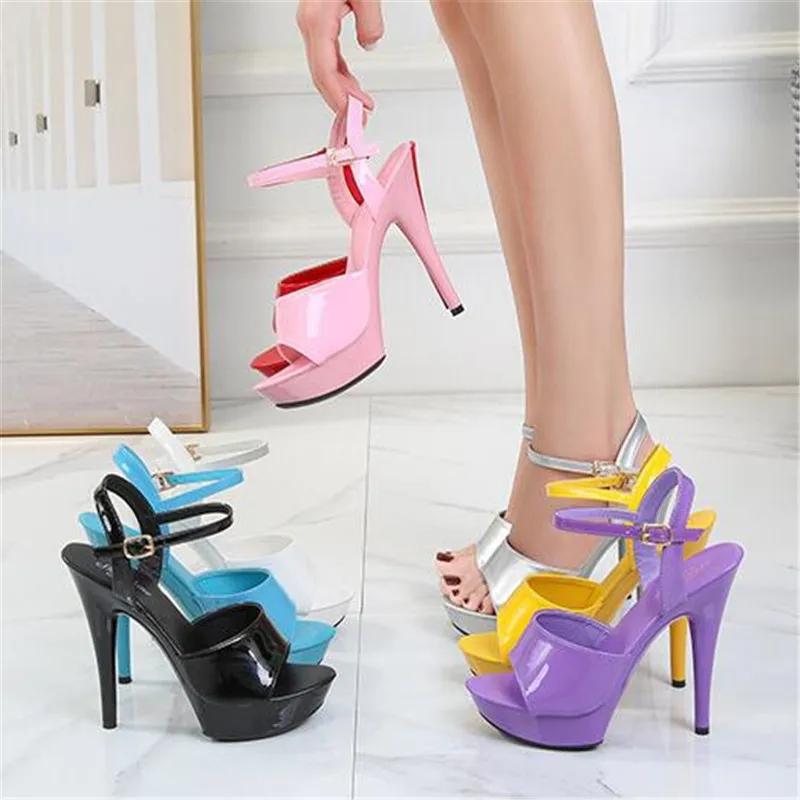 Summer Walking Show Artifact Model high-heeled Shoes Sandals Thin-heeled 13/15 cm Sexy Black Platform Hate Sky high-heeled Shoes