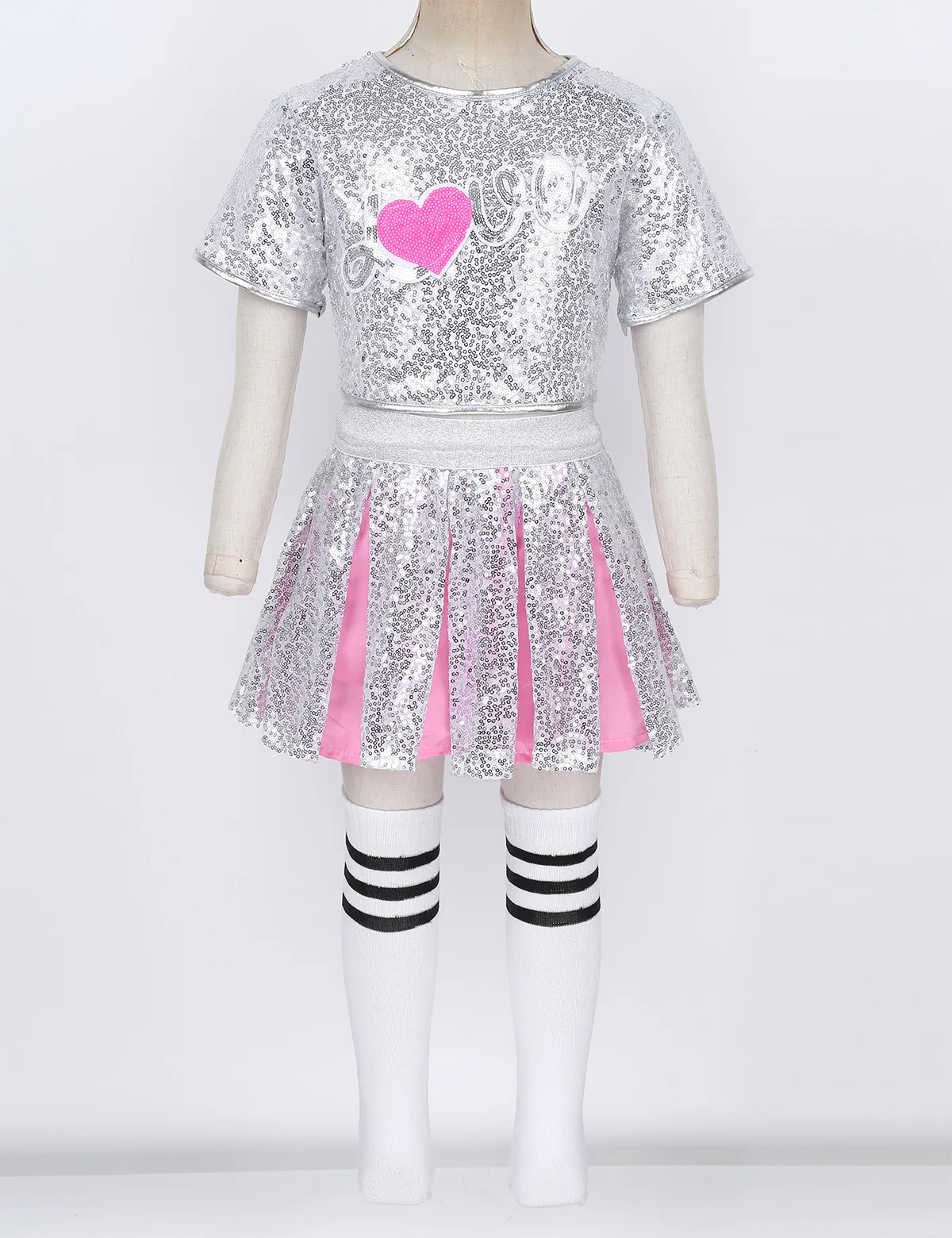 Kinder Mädchen Cheerleading Moderne Hip Hop Jazz Dance Kostüm Pailletten Shiny Kurzen Ärmeln Crop Top und Rock Gestreiften Socken Outfits