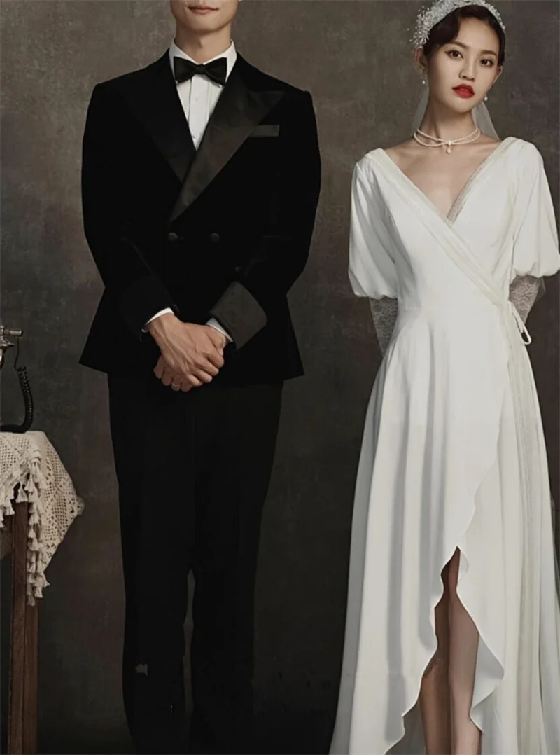 Vestido de noiva linha a com decote em v, veste de casamento 2021 elegante, simples, macia, de cetim, manga comprida