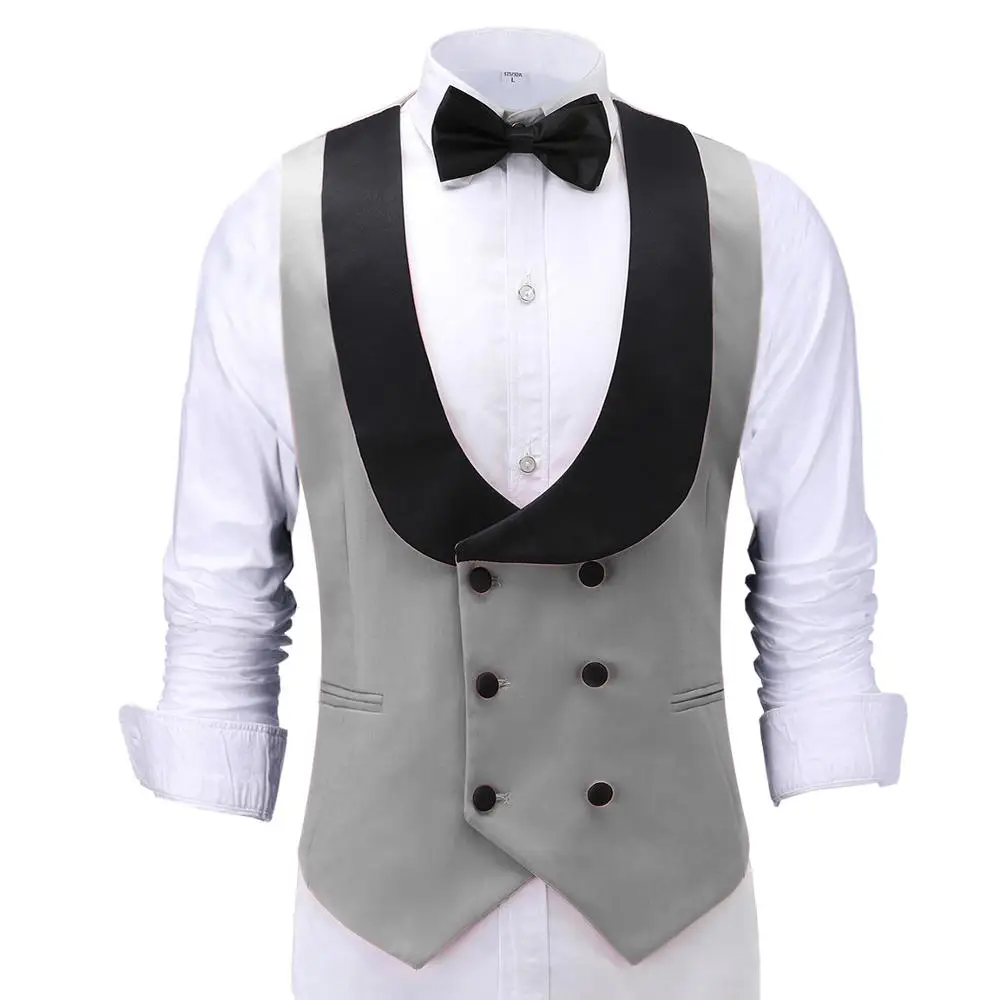 Silver Grey Casual Men\'s Waiter Vest Slim Fit Prom Double Breasted Blazer Champagne Suits Waistcoat For Wedding Best Man Grooms