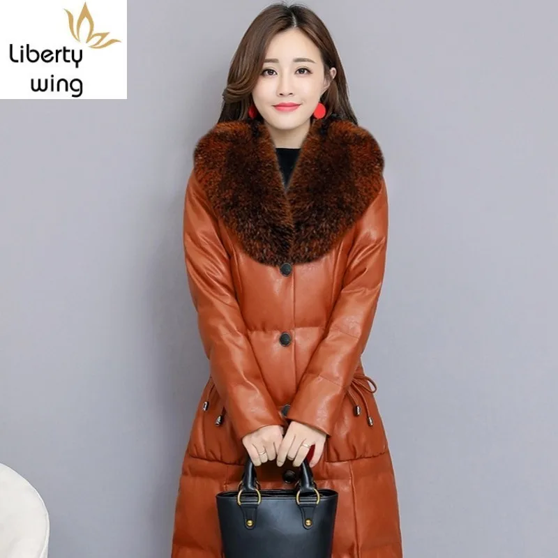 Faux Fox Fur Collar PU Leather Jacket Womens Elegant Luxury Plus Size S-4XL Ladies Long Parkas Coat Slim Fit Warm Winter Clothes